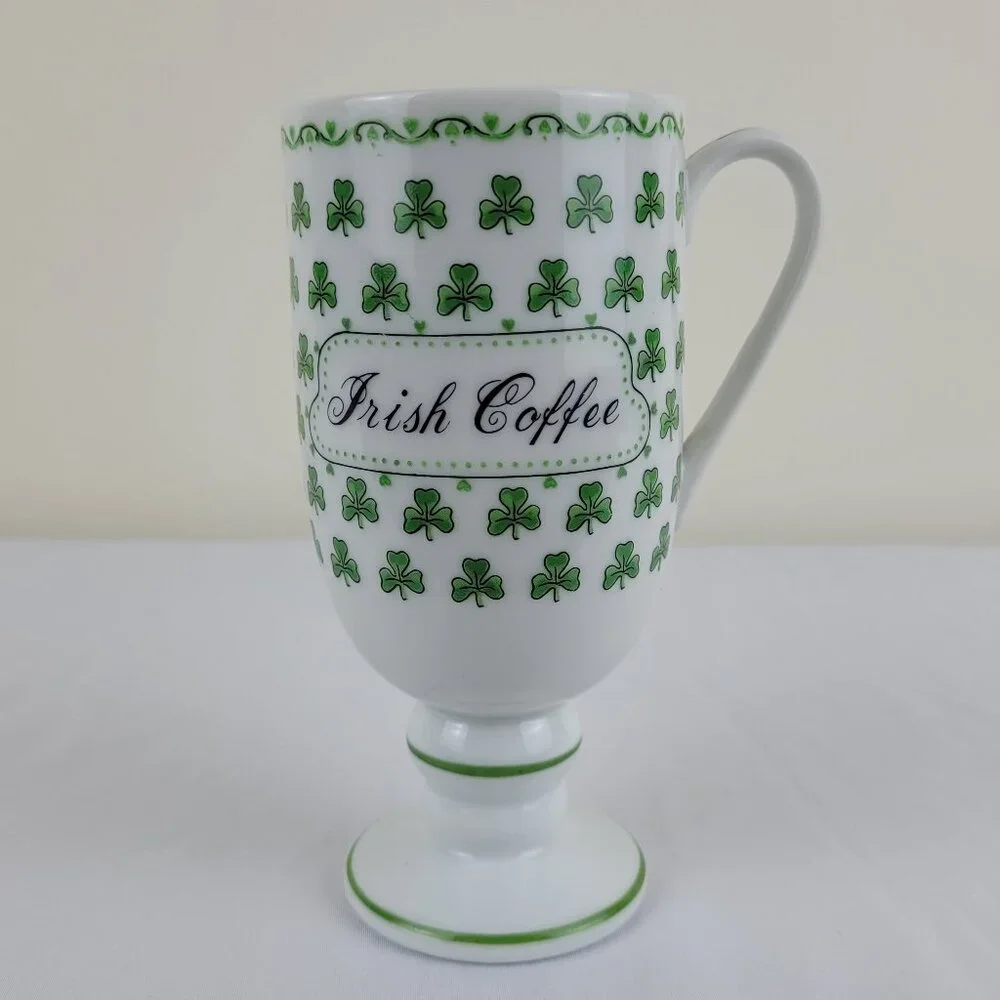 Vintage Irish Coffee Mug Footed Pedestal Green lucky Clover Shamrock 1345, Japan